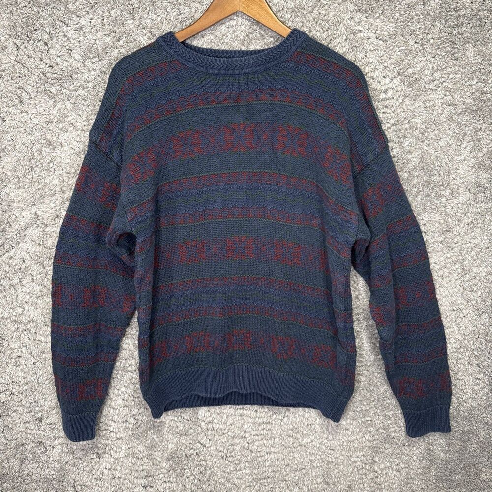 Vintage 90s Grandpa Sweater Size Medium Geometric Blue Green Ramie Cotton